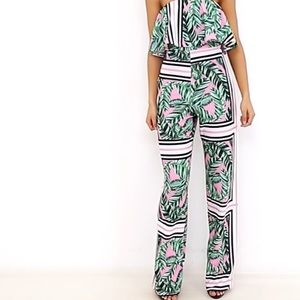 Palm Printed Bardot Double Layer Jumpsuit